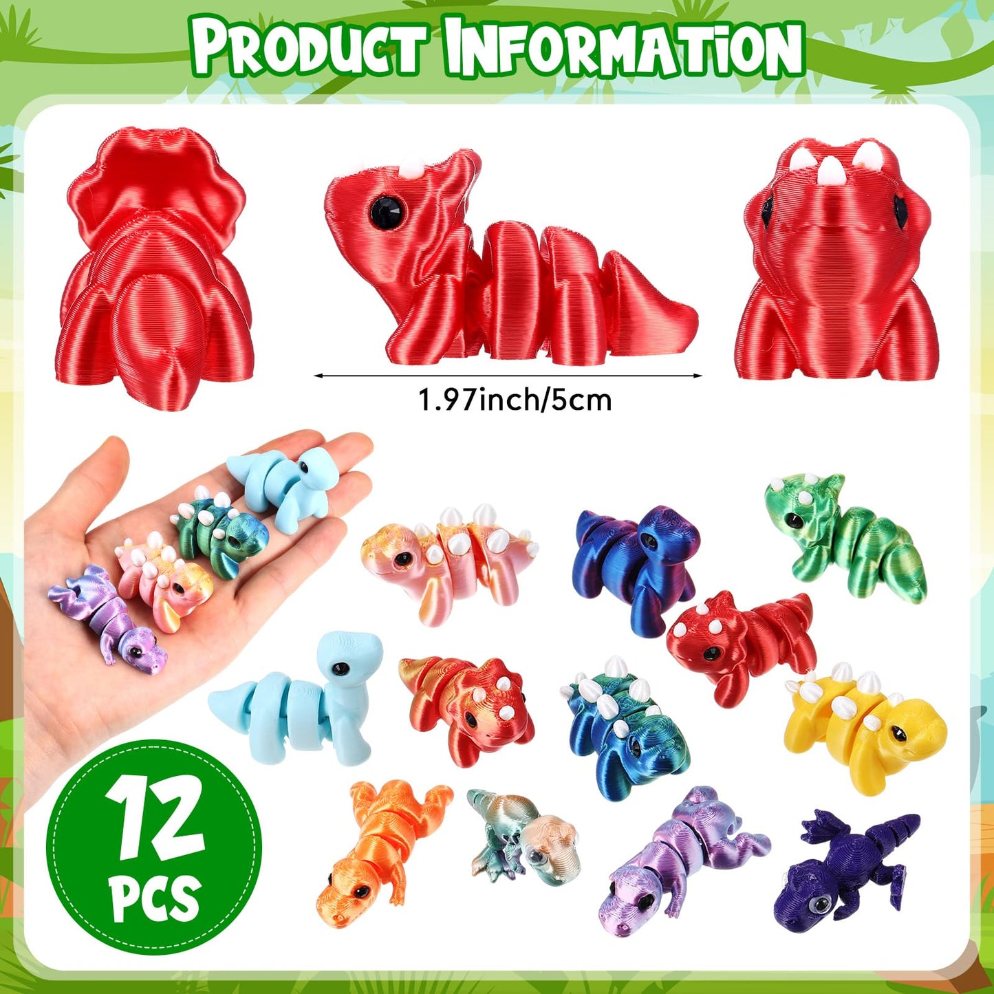 Honoson 12 Pcs 3D Printed Fidget Toy 3D Printed Dinosaur Small Animal Toy Flexible Cute Articulating Pet Stress Relief Fidget To