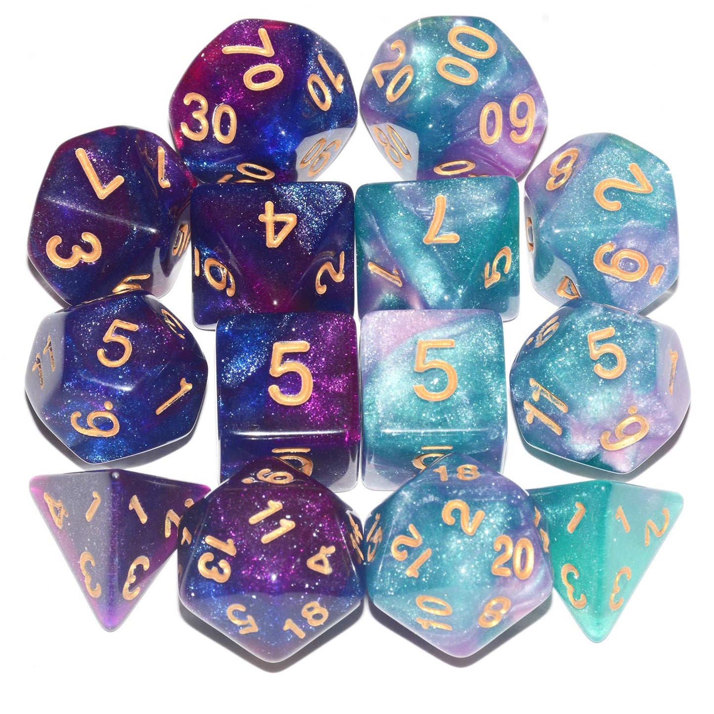DND Dice 2 X 7Sets, 14Pieces Glitter Sparkle Cosmic Mixed Polyhedral DND Dice for RPG MTG Table Game Dice