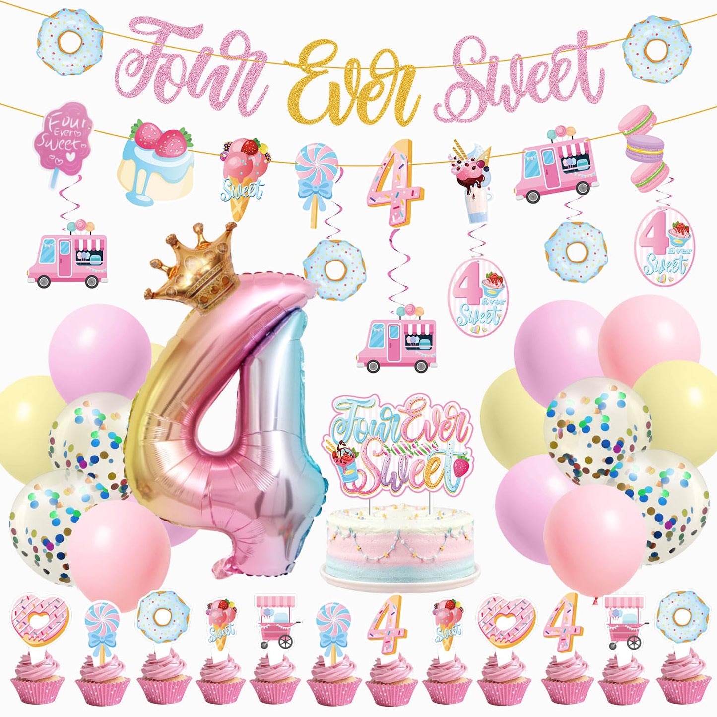 Juyrle Four Ever Sweet Birthday Decorations Girl- Ice Cream Birthday Party Decorations With Donut Banner Ice Cream Cake Toppers 4Th Foil Balloon Arch For 4 Year Old Macaron Birthday Party Supplies