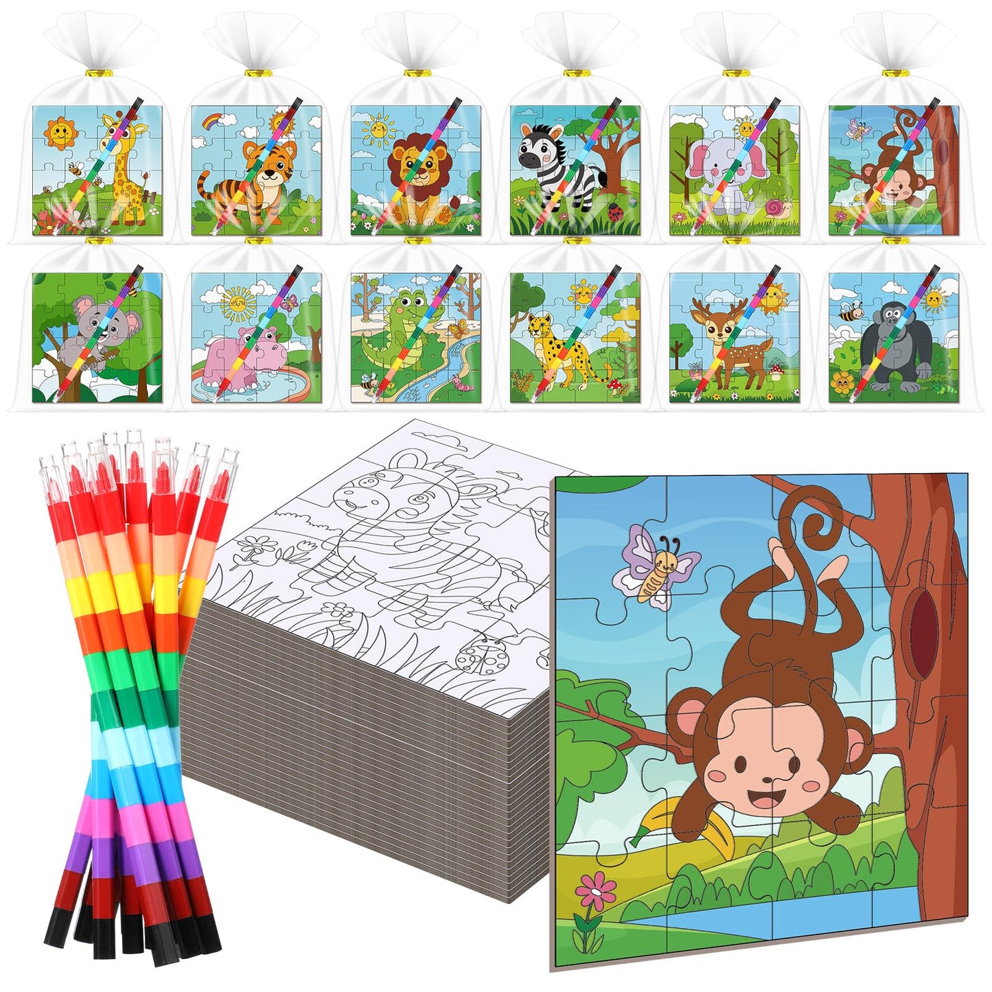 Fullhawl 24 Pack Wild Animal Puzzles Jungle Safari Color Your Own Puzzles DIY Wild One Jigsaw Puzzles with 12 Stackable Crayons and 12 Bags for Safari Theme Gifts Birthday Party Supplies