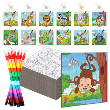 Fullhawl 24 Pack Wild Animal Puzzles Jungle Safari Color Your Own Puzzles DIY Wild One Jigsaw Puzzles with 12 Stackable Crayons and 12 Bags for Safari Theme Gifts Birthday Party Supplies