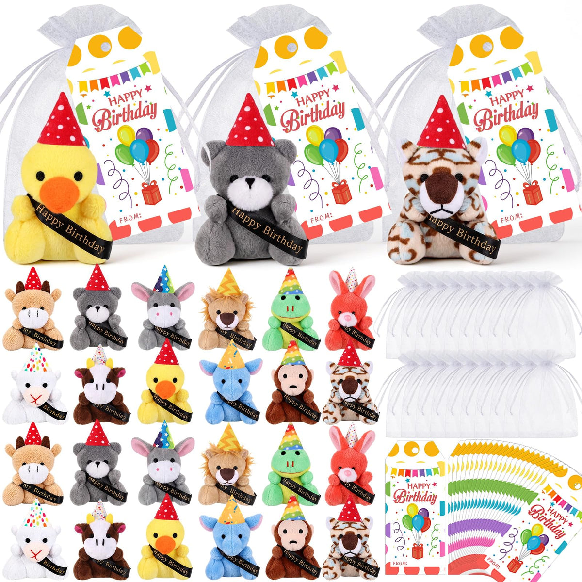 Wiwiqing 36 Set Birthday Mini Plush Animals with Hats Cards Bags Bulk