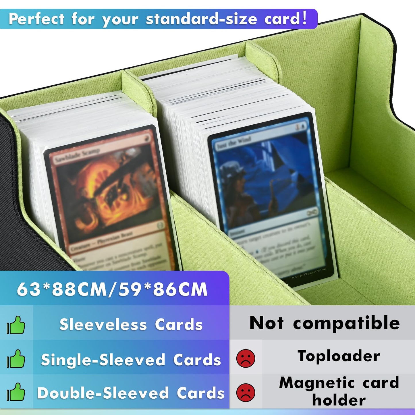 Uaono Card Storage Box For Trading Cards, 1800+ Pu Leather Commander Card Deck Case, Magnetic Closure Card Holder Fits For Magic Game Cards (Black&Lemon Green)