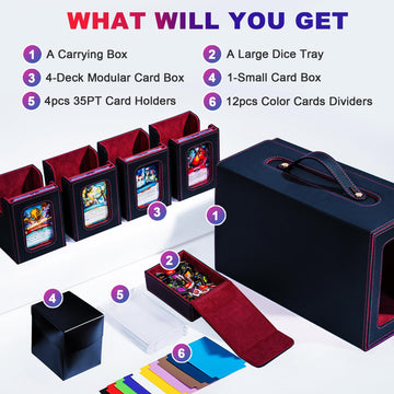 ArtBoutiq Commander Deck Box for MTG  6-Deck Modular Card Case with Dice Tray Holds 600+ Double-sleeved Cards  Removable Trading Cards Storage Box with 35PT Magnetic Card Holders for TCG  Black Red