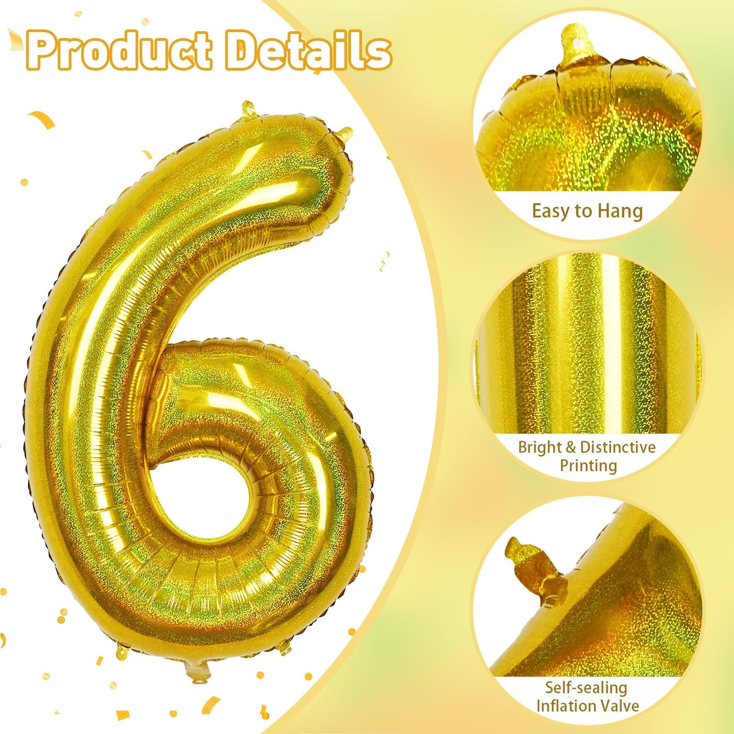 6 Year Old Birthday Balloons For Kids, Laser Gold Self Inflating Giant Mylar Number 6 Balloons, Foil Iridescent Globos Dorados 4