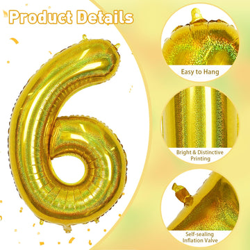 6 Year Old Birthday Balloons For Kids, Laser Gold Self Inflating Giant Mylar Number 6 Balloons, Foil Iridescent Globos Dorados 4