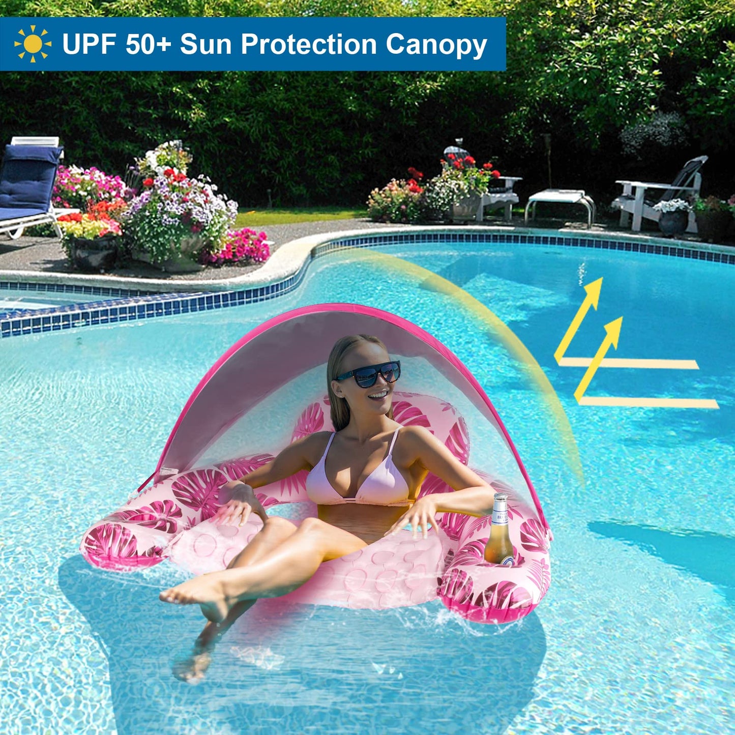 COOLCOOLDEE Pool Float with Canopy  Cup Holder - XL Pool Chair Lounge Float with Adjustable Sun Shade Cover  Drink Holder  Ergonomic Headrest Inflatable Pool Float for mature-themeds