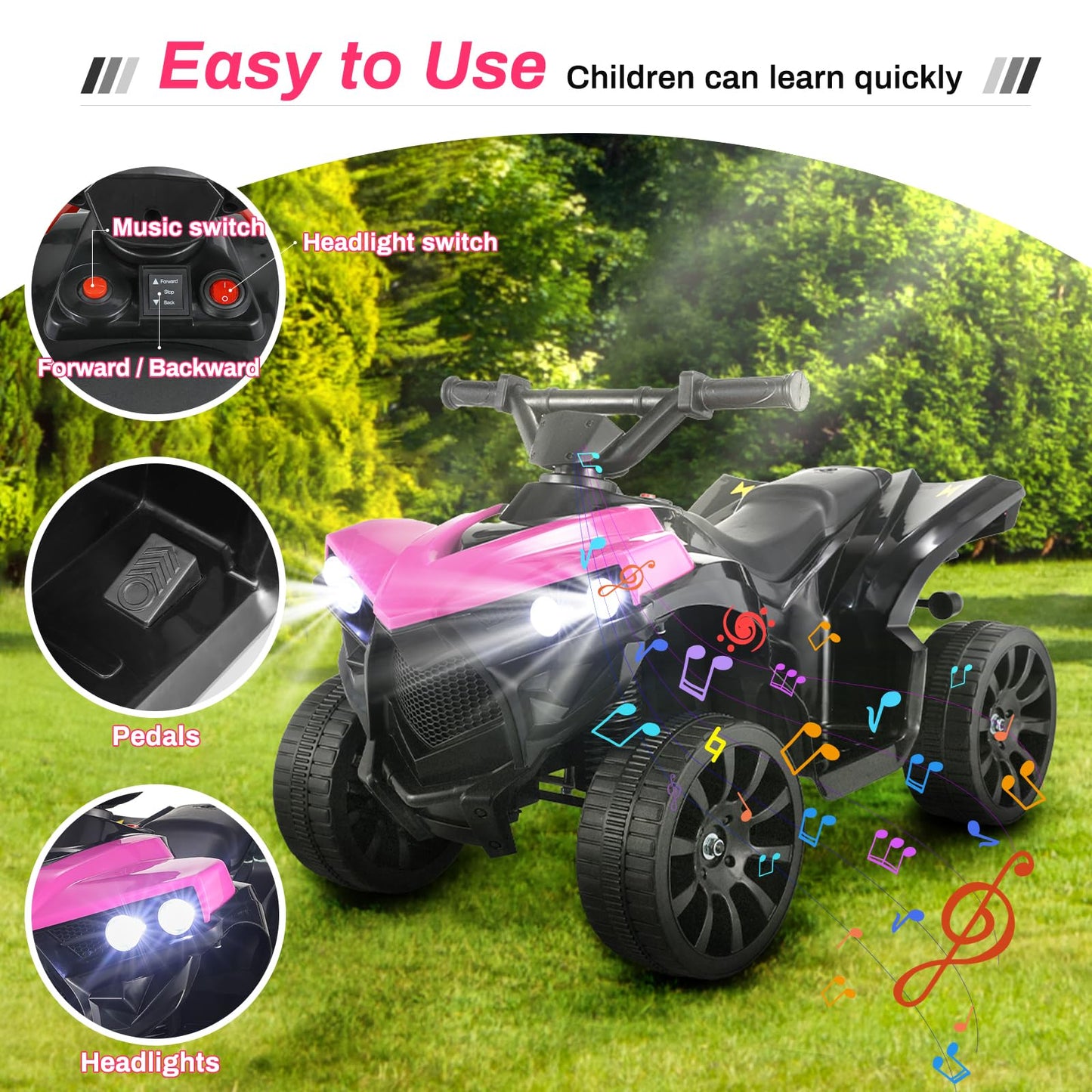Arlopu 6V Kids Ride On Toy, 4-Wheeler Quad ATV Play Car w/1.86MPH Max Speed, Treaded Tires, Rubber Handles, Music, Headlights, P