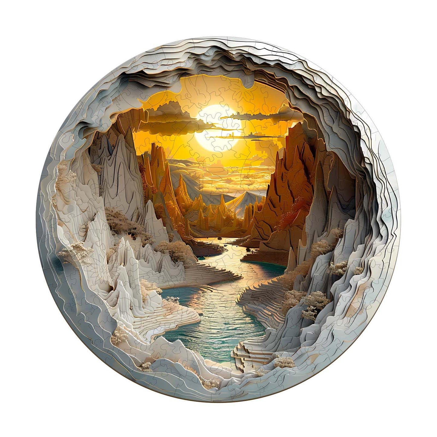 Wooden Puzzles for mature-themeds  3D Vision Effects Inside the Cave Wooden Jigsaw Puzzles for mature-themeds  Unique Shape  Mountain Rivulet Sunset Landscape Wood Puzzles mature-themed  Home Decor (L-13.4 * 13.4in -300 pcs)