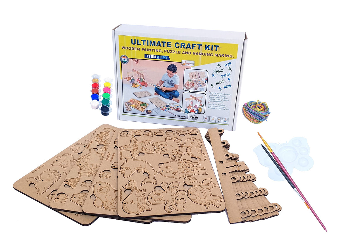 Stepstodo Ultimate Craft Kit. Wooden Painting, Puzzle & Hanging Making Kit Set Of 4 Boards With 4 Themes. Kittens & Puppies, Sea
