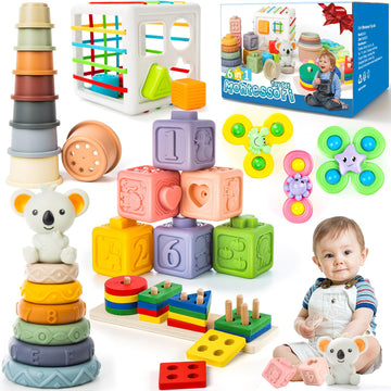 6-In-1 Baby Toys 6 To 12 Months, Montessori Toys For Babies 6-12-18 Months, Infant Teething Toys Stacking Blocks Rings Sensory B