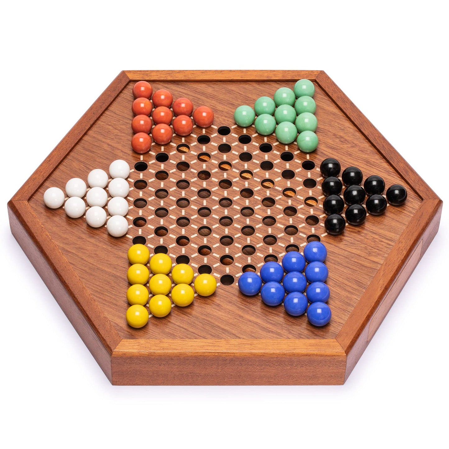 Yellow Mountain Imports Wooden Chinese Checkers Halma Board Game Set (12.7 Inches) With Storage Drawer And Solid Color Glass Marbles (16-Millimeter)