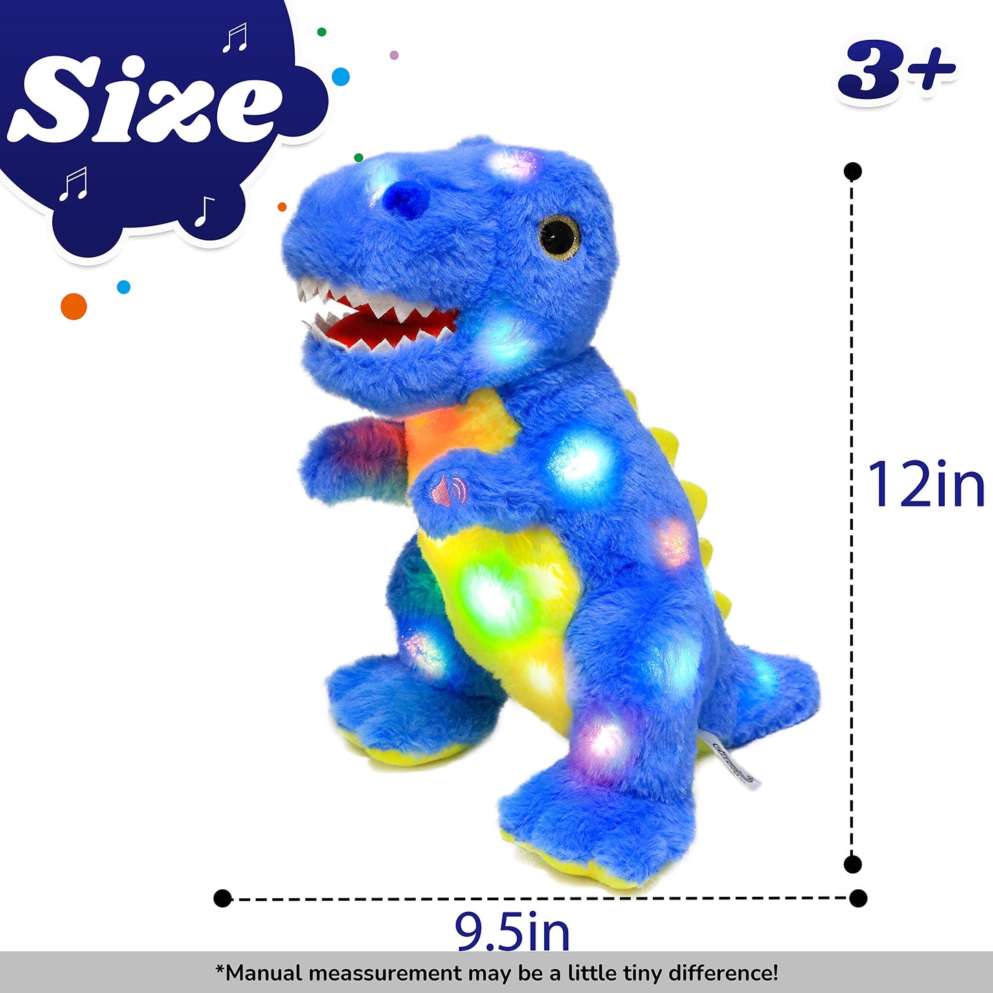 Cuteoy Blue Dinosaur Led Musical Stuffed Animal Light-Up Singing Plush T-Rex Adjustable Volume Lullaby Plushies Birthday Christmas Toy Gifts For Kids Toddler Girls, 12'
