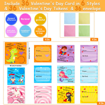 36 Pack Valentines Day Gift Cards for Kids Valentine Kindness Cards with Envelopes and Tokens for Valentine Party Favors, Schoo