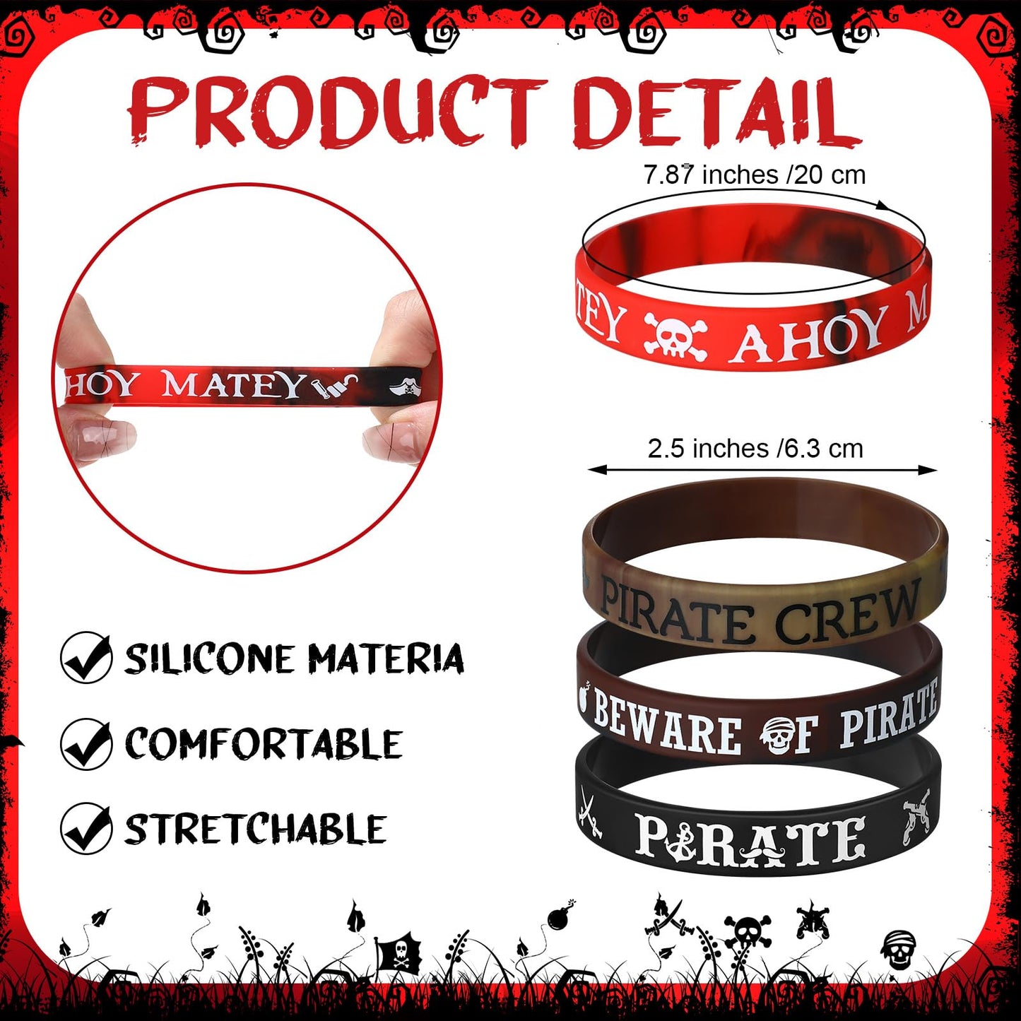 Capoda 60 Pcs Pirate Party Decorations Include 30 Pirate Rubber Bracelets and 30 Pirate Button Pins Badges for Birthday Adventur