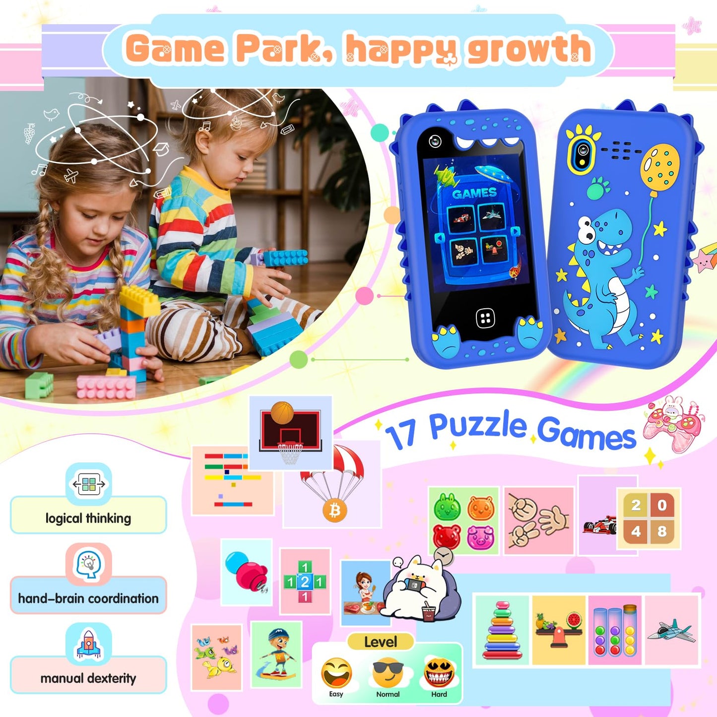 Kids Smart Phone for Girls Boys - Kids Cell Phone Toys Ages 3-10 with Touchscreen, Dual Camera, Music Player, 17 Games Toddler L