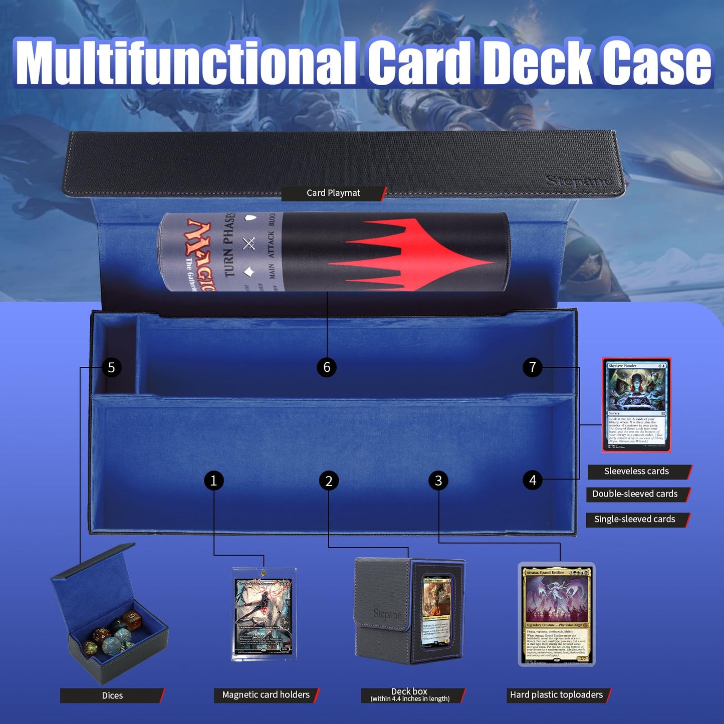 Trading Card Storage Box  2200+ MTG Deck Box Leather Magnetic Closure Commander Deck Box  Holds 5 Small Deck Boxes  Includes 1 Small Box  8 Dividers  1 Foam Stopper  1 Toploader  Black/Blue