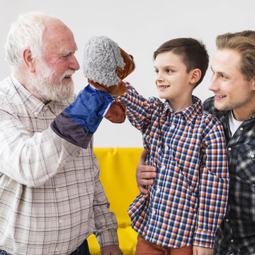 1 Pcs Family Hand Puppets 12 Inch Grandparents Mom Dad Brother Sister Plush Hand Puppet Toys Role-Play Toy Puppets For Kids Storytelling Imaginative Pretend Play Teaching Preschool(Black Grandfather)