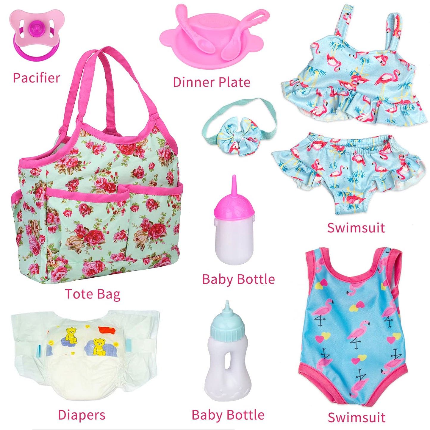 UNICORN ELEMENT 8 Pcs Baby Doll Clothes Set with Diaper Bag, Floral, AGH-1, Textile Materials, Perfect Gift for Kids