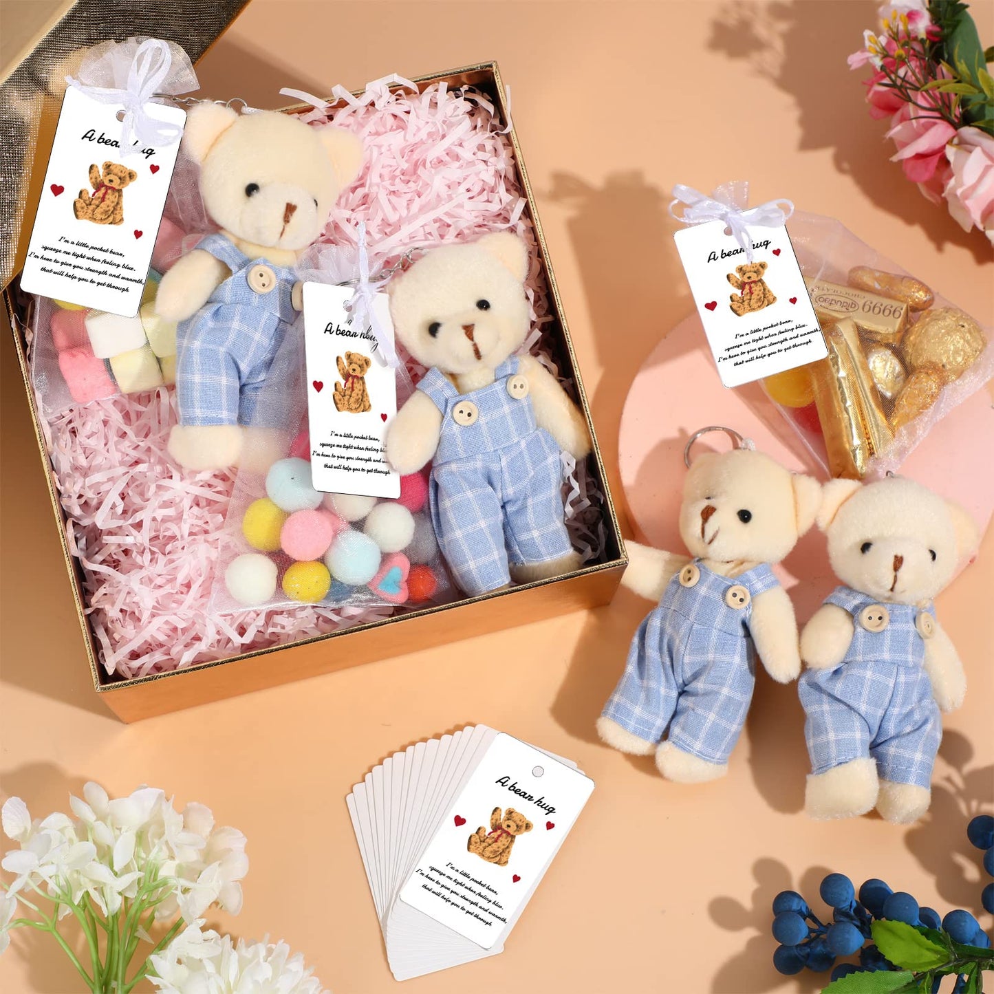 20 Sets Miniature Bear With Clothes Stuffed Plush Bear Decorations, 4.7 Inch Bears Baby Shower Doll Favors Bear Hug Gift Card White Organza Bags For Guest Baby Shower Souvenirs Birthday Party (Blue)