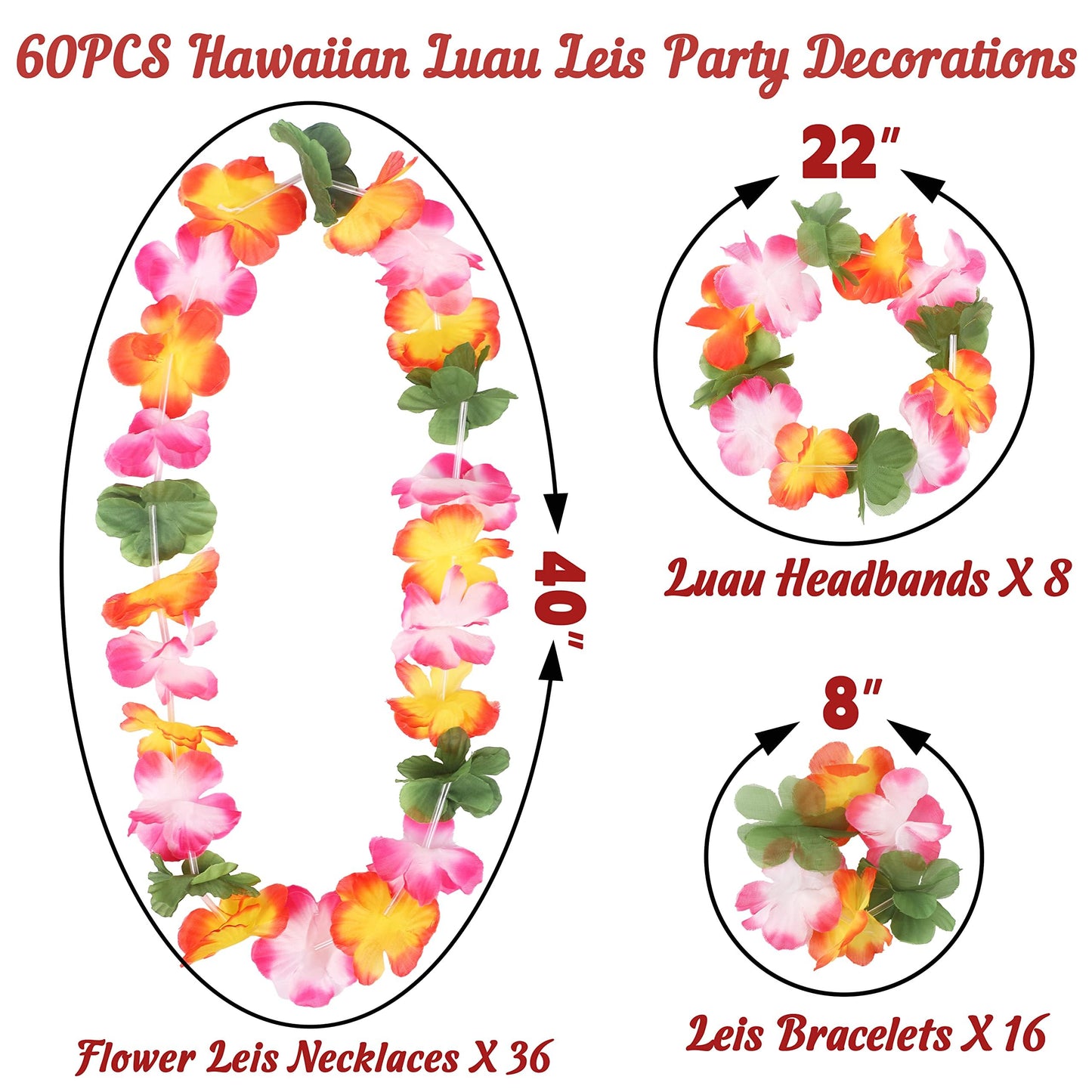 jollylife 60PCS Hawaiian Luau Leis Necklaces Bracelets Headbands Tropical Hibiscus Flowers Tiki Summer Pool Party Favors Supplie