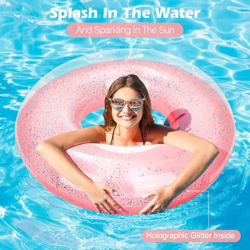 Moko Swim Rings With Glitter, 120Cm Diameter Inflatable Pool Float Swimming Pool Float Tube Round Shaped Swimming Tube Water Fun Beach Pool Toys For Summer Party For Adults - Rose Gold