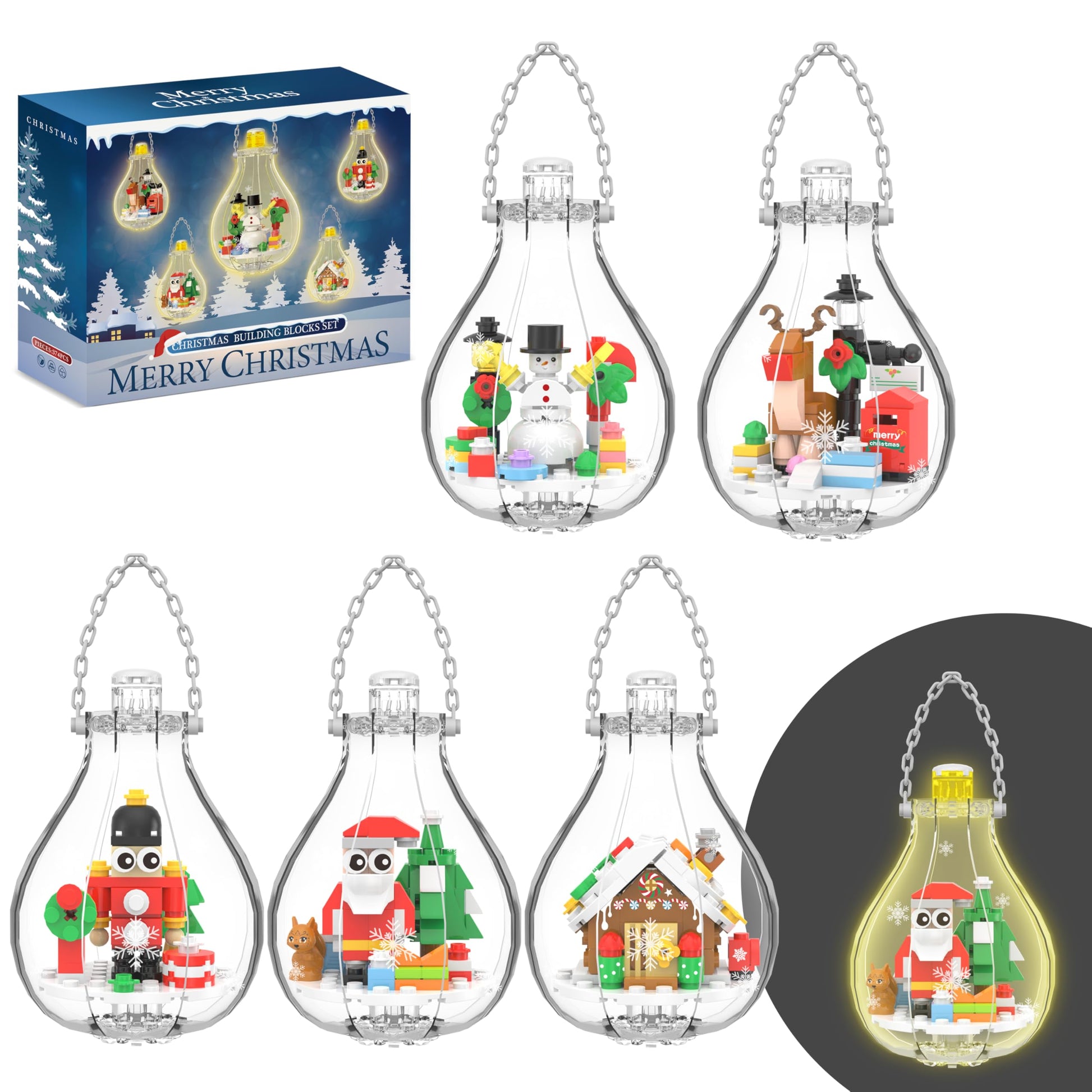 Christmas Ornaments Building Blocks, Compatible With Lego Christmas Tree Decorations Bulbs, Reindeer, Nutcrackers, Gingerbread House, Snowman, Santa 5 Pack Xmas Gifts For Kids Stocking Stuffers
