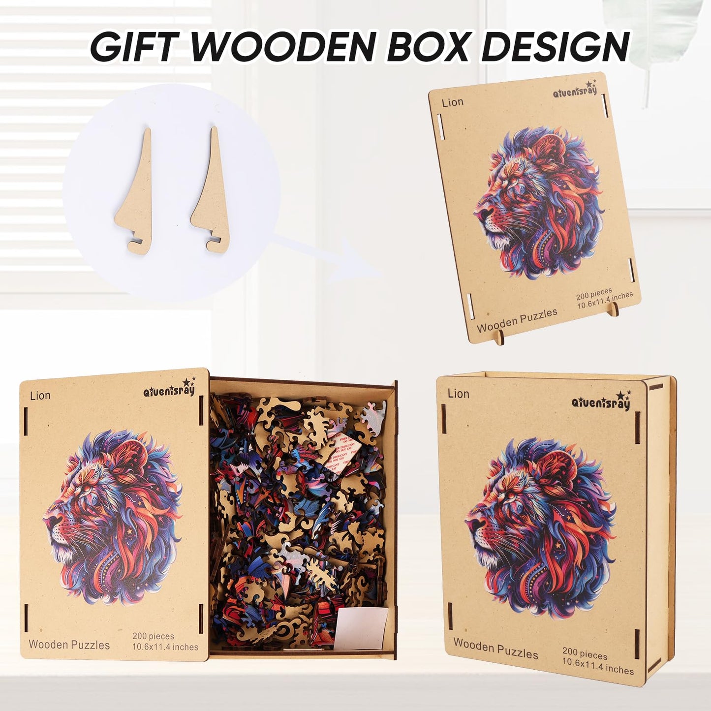 Qiuenisray Wooden Puzzles For Adults,Lion Wooden Jigsaw Puzzles 200Pcs,11.4X10.6In,Medium,Unique Shape Animal Adult Puzzles,Irre