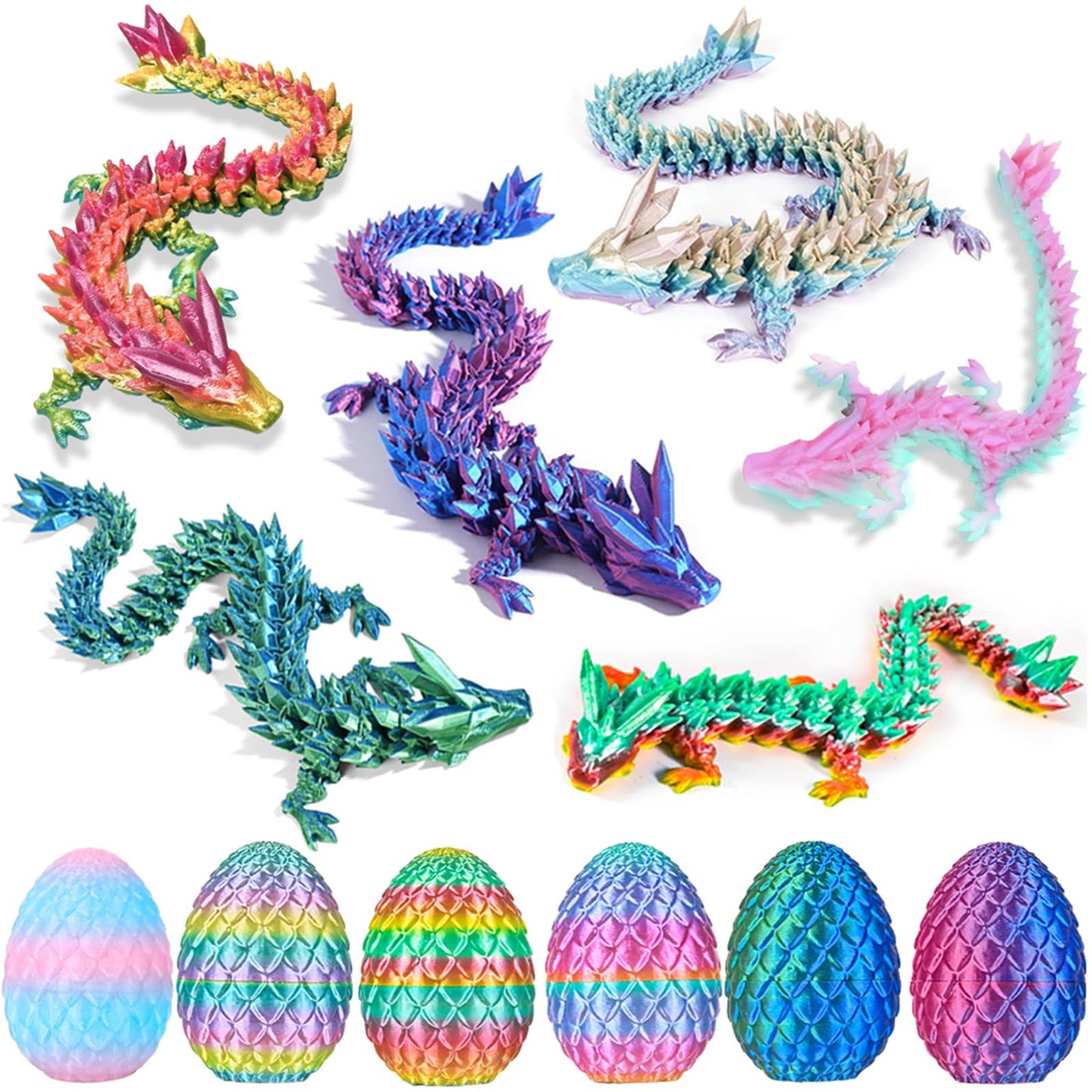 6PCS 3D Printed Dragon Eggs with Dragon Inside, Easter Basket Stuffers Mini Mystery Crystal Egg Fidget Toy, Surprise 3D Printed 