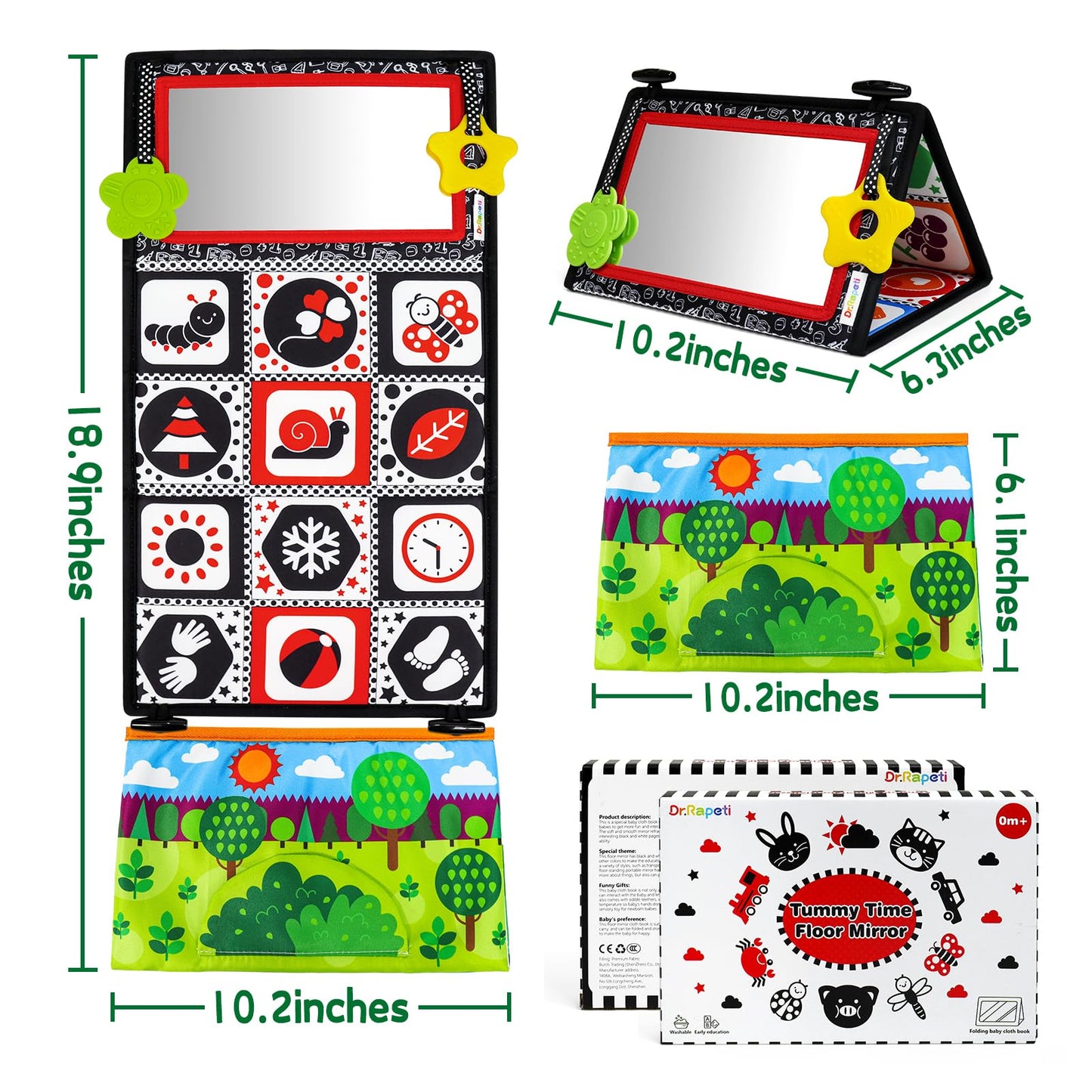 Dr.Rapeti Tummy Time Floor Mirror For Baby Infant Toddler Kids Black And White High Contrast Baby Toy With Crinkle Cloth Book Teethers Floor Activity Toy Washable Non-Toxic