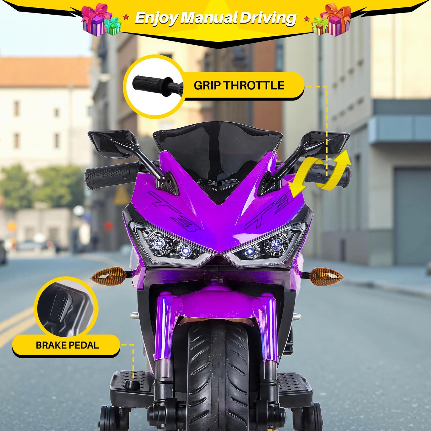 Blitzshark 12V Electric Motorcycle  Kids Motorcycle with Training Wheel  7AH Battery Ride On Motorbike For Kids 3.2 MPH Max Speed  Twist Grip Throttle  Brake Pedal  Soft Tires  Extra Long Seat  Purple
