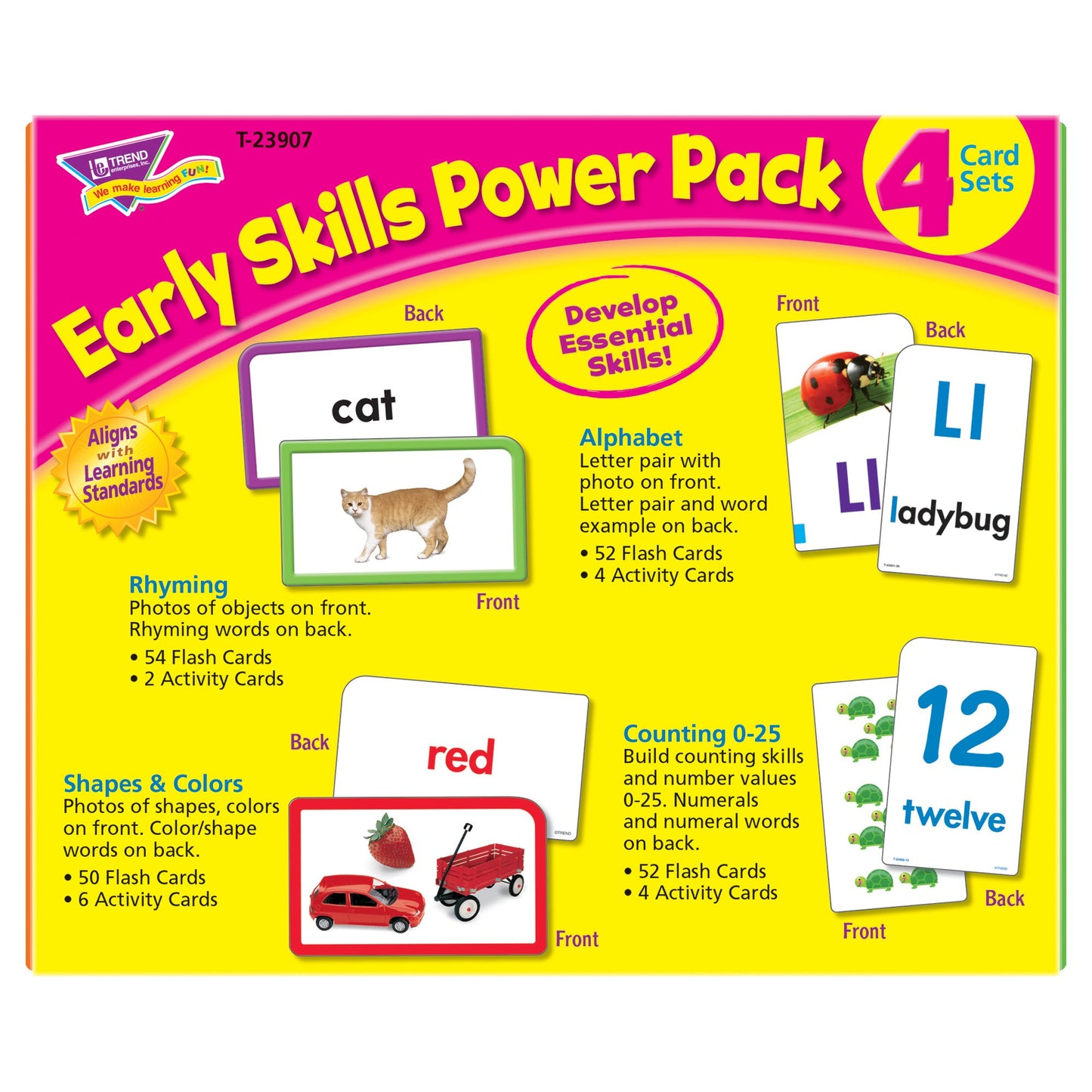 Trend Enterprises: Early Skills Power Pack, 4 Flash Card Set Includes Rhyming, Alphabet, Shapes & Colors, Counting 0-25, Self-Checking Design, For Ages 3 And Up