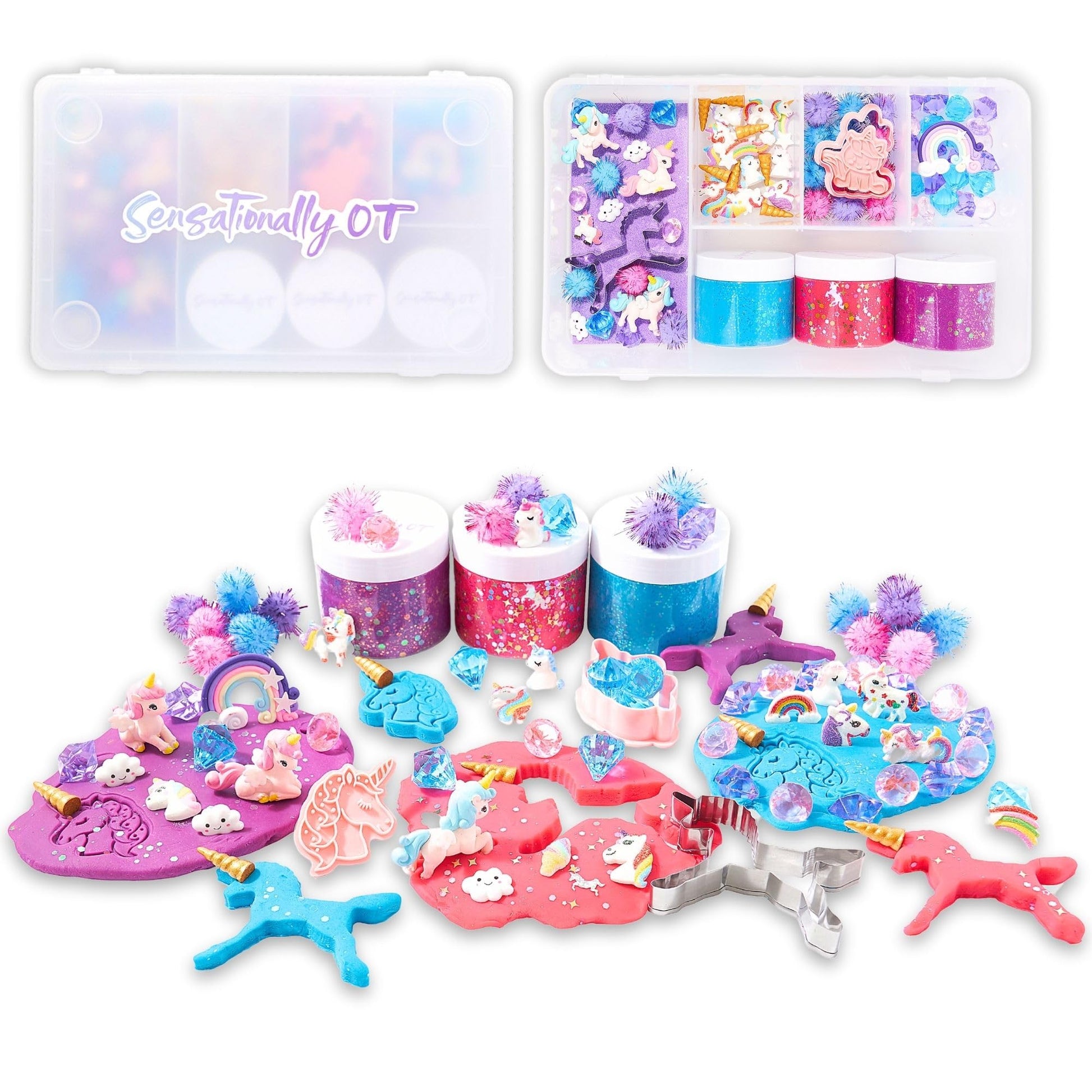 Sensationally OT Unicorn Sensory Dough Kit (3 Jars) Non-Toxic Dough with Unicorn Cutters, Charms, Rainbow, Pom Poms, Diamonds, G