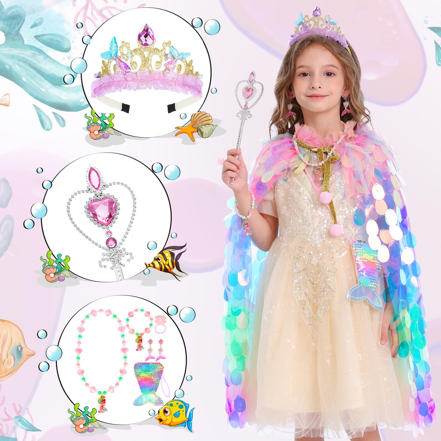 LIMIROLER Princess Dress Up Toys Set - 9 Pcs Rainbow Mermaid Cape Kit for Girls 3-8 Years, Polyester, Great Gift for Birthdays & Holidays