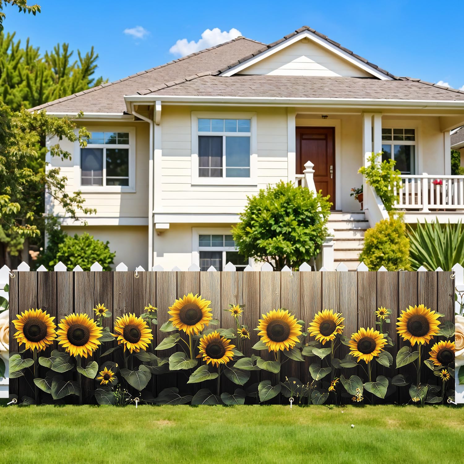Sunflower 118 x 35 Inch Fence Banner for Outdoor Decor, Large Waterproof Privacy Screen with Vibrant Floral Print for Garden, Ba