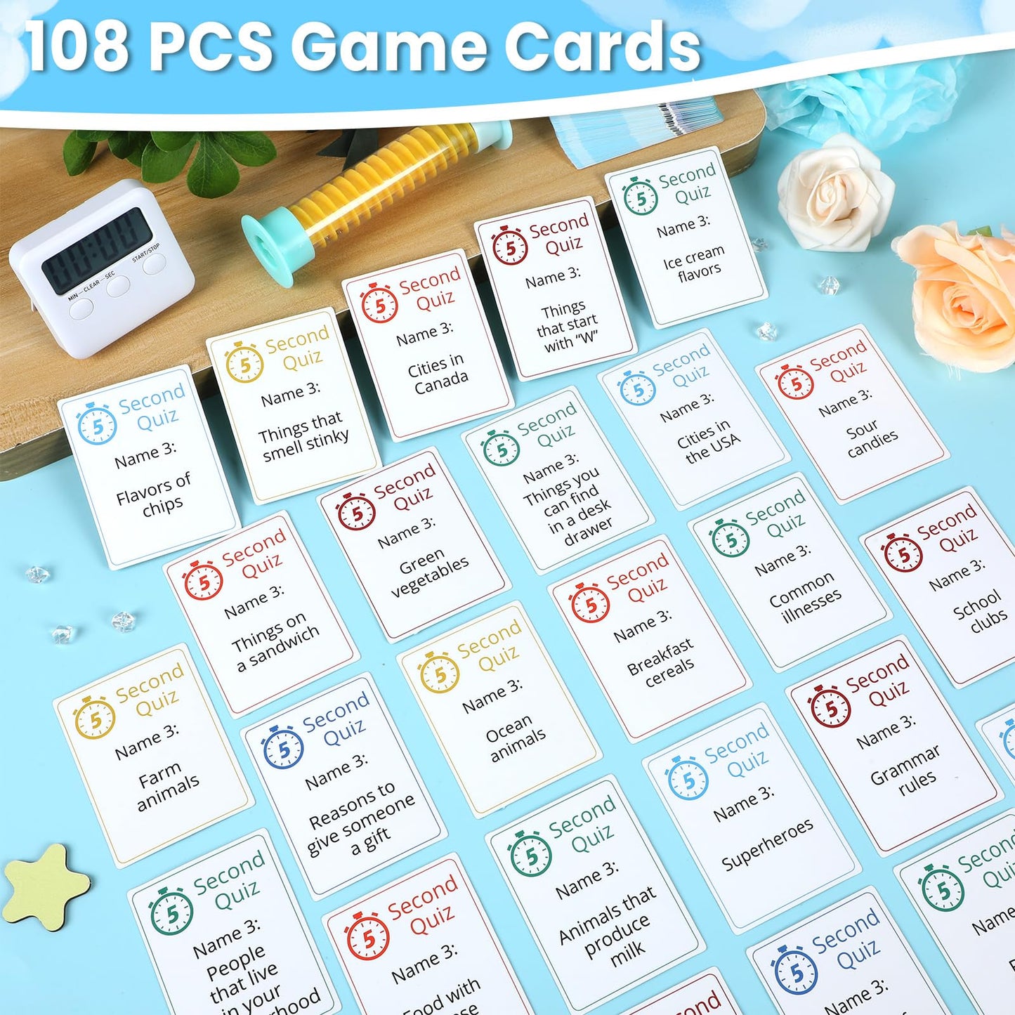 Gisgfim 5 Second Game 108 Simple Question Cards Digital Timer And 5 Second Hourglass Question Card Game For Adults Fun Family Pa