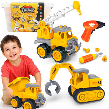 Construction Trucks Take Apart Toys For Kids Age 3-5 Toddlers Set Of 3 Vehicles Excavator, Crane, Dump Truck Toy With Screwdrive