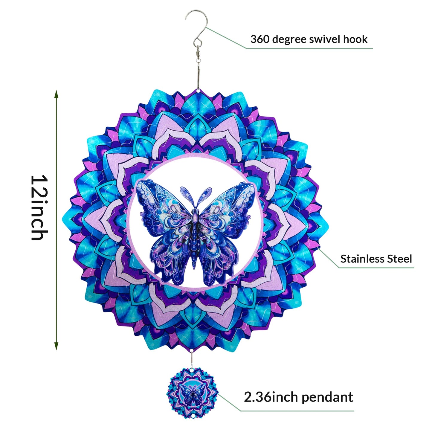 Butterfly Wind Spinner,Hanging Wind Spinners Outdoor for Garden Decoration,12 inch 3D Stainless Steel Wind Sculpture for Indoor/