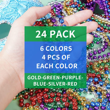 YAXINRUI 24pcs Mardi Gras Beads Necklaces, Metallic Beads Necklaces for Mardi Gras Party, Christmas Party, St. Patrick's Day, Me
