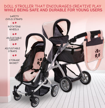 Dolls To Play Baby Doll Convertible Pram Stroller For Kids, Adjustable Handle Foldable Buggy Carriage With Canopy And Storage Ba