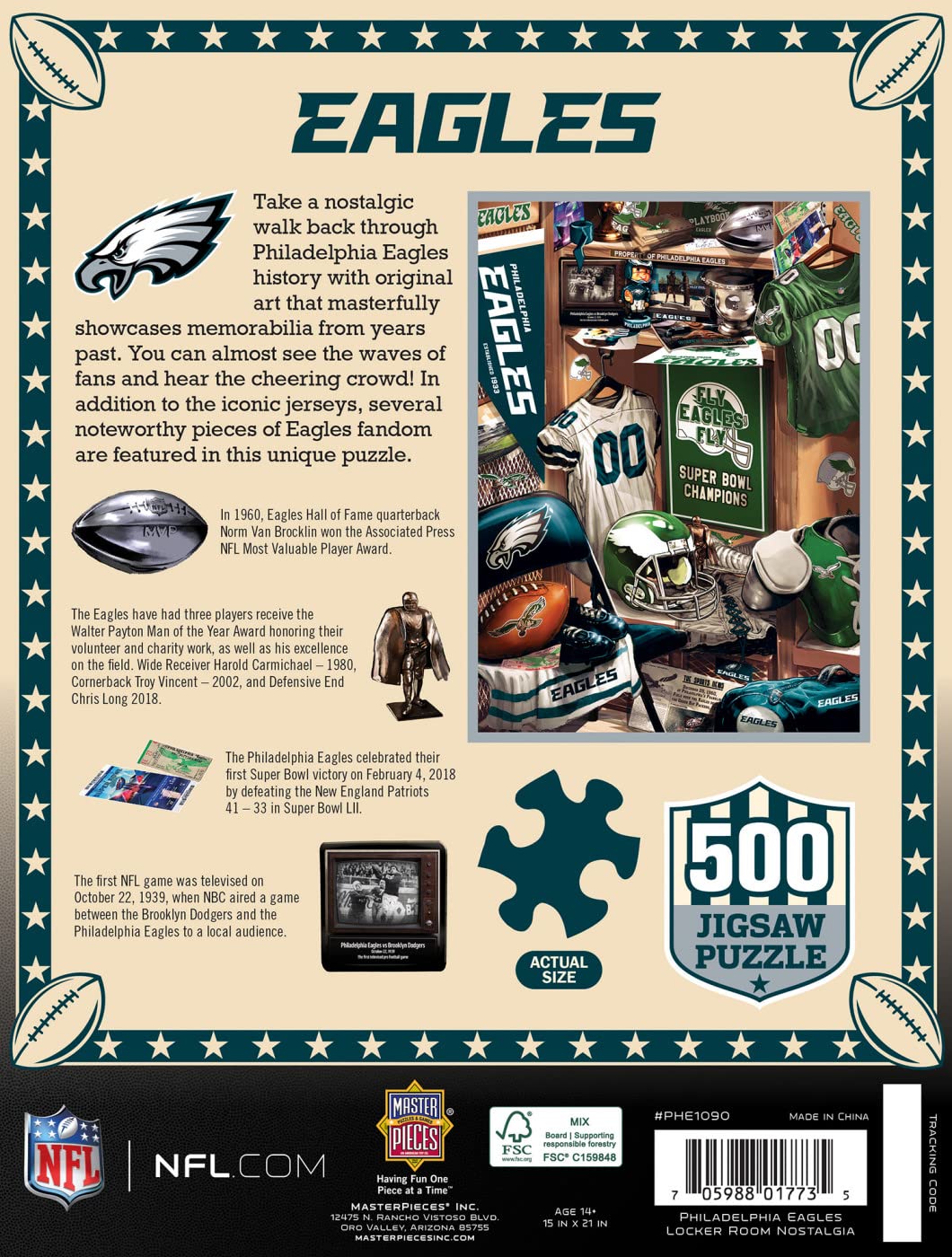 MasterPieces Game Day 500 Piece Jigsaw Puzzle for Adults - NFL Philadelphia Eagles Locker Room - 15x21