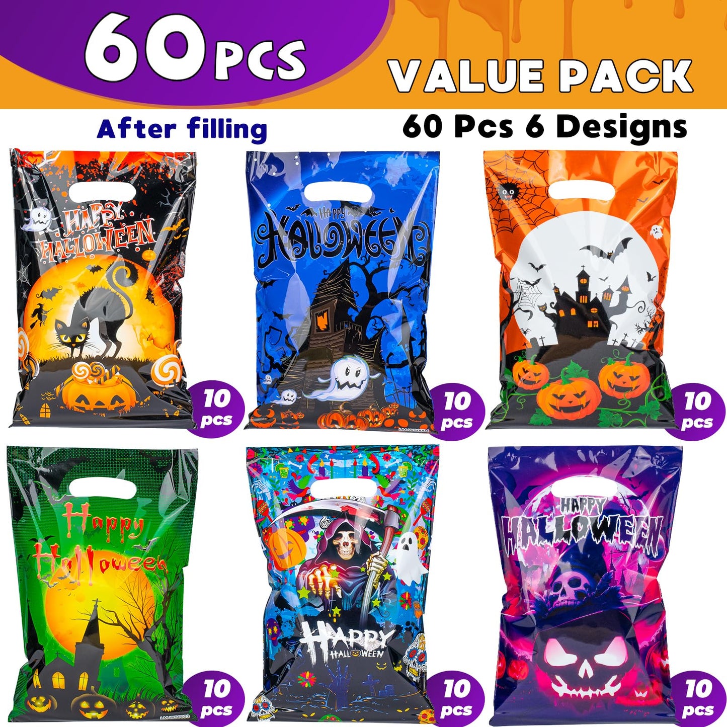 HAPMARS 60 Pcs Halloween Party Favor for Kids Candy Goody Bag, 6 Designs Plastic Trick or Treat Goodie Bags, Halloween Loot Gift