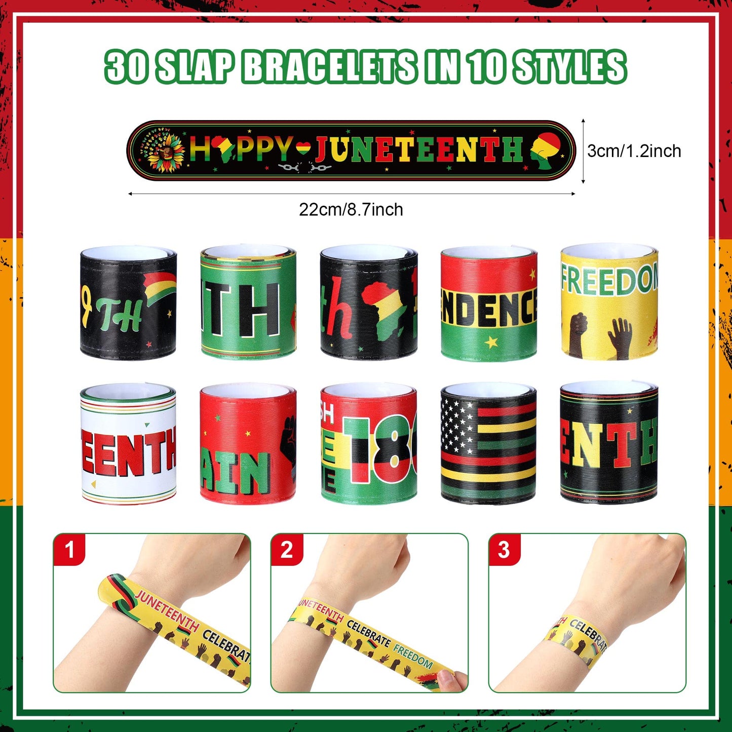 Frienda 60 Pcs Juneteenth Party Favors June 19th Slap Bracelets and Badge Pins for Kids Freedom Day Party Supplies Bulk Snap Wri