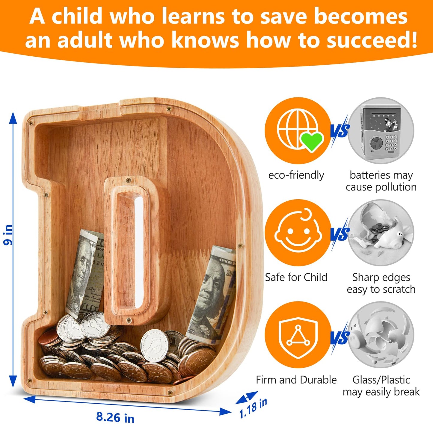 Wooden Letter Piggy Bank for Kids  Initial Coin Bank for Boys and Girls  First Name Personalized Savings Bank for Birthday Boys Girls Gift Piggy Bank for Kids (Wood  S9-D)