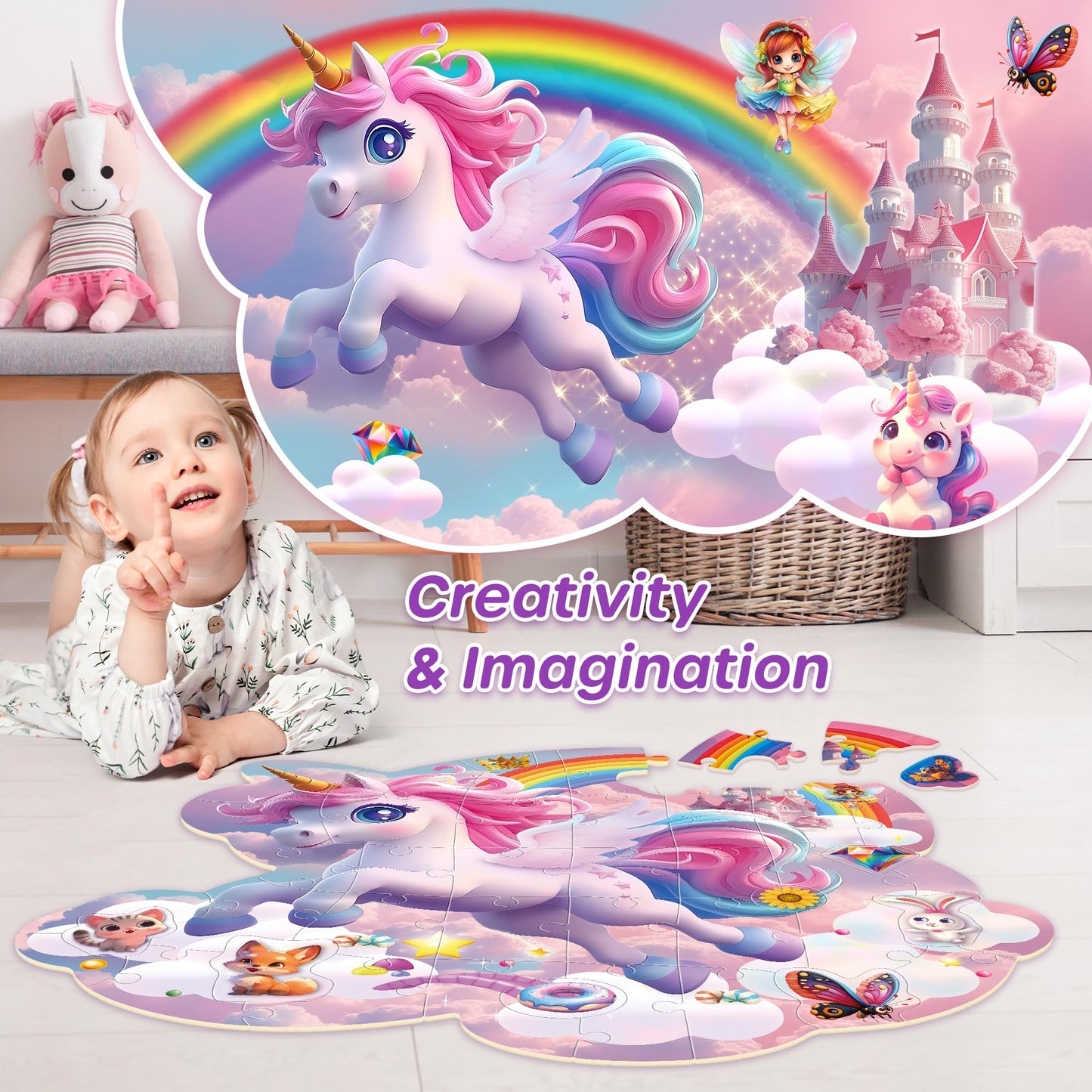 Synarry Unicorn Floor Puzzles For Kids Ages 4-6, Large 45 Piece Floor Puzzles For Kids Ages 4-8, Puzzles For Toddlers 2-4, Unico
