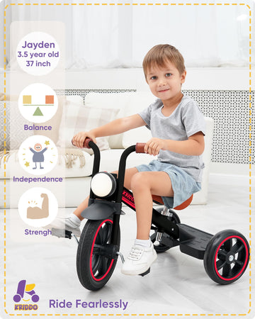 KRIDDO Kids Tricycle, 12 Inch Puncture Free Wheel w Front Light, Adjustable Seat Height, Gift for 2-5 Year Olds, Trike for Toddl