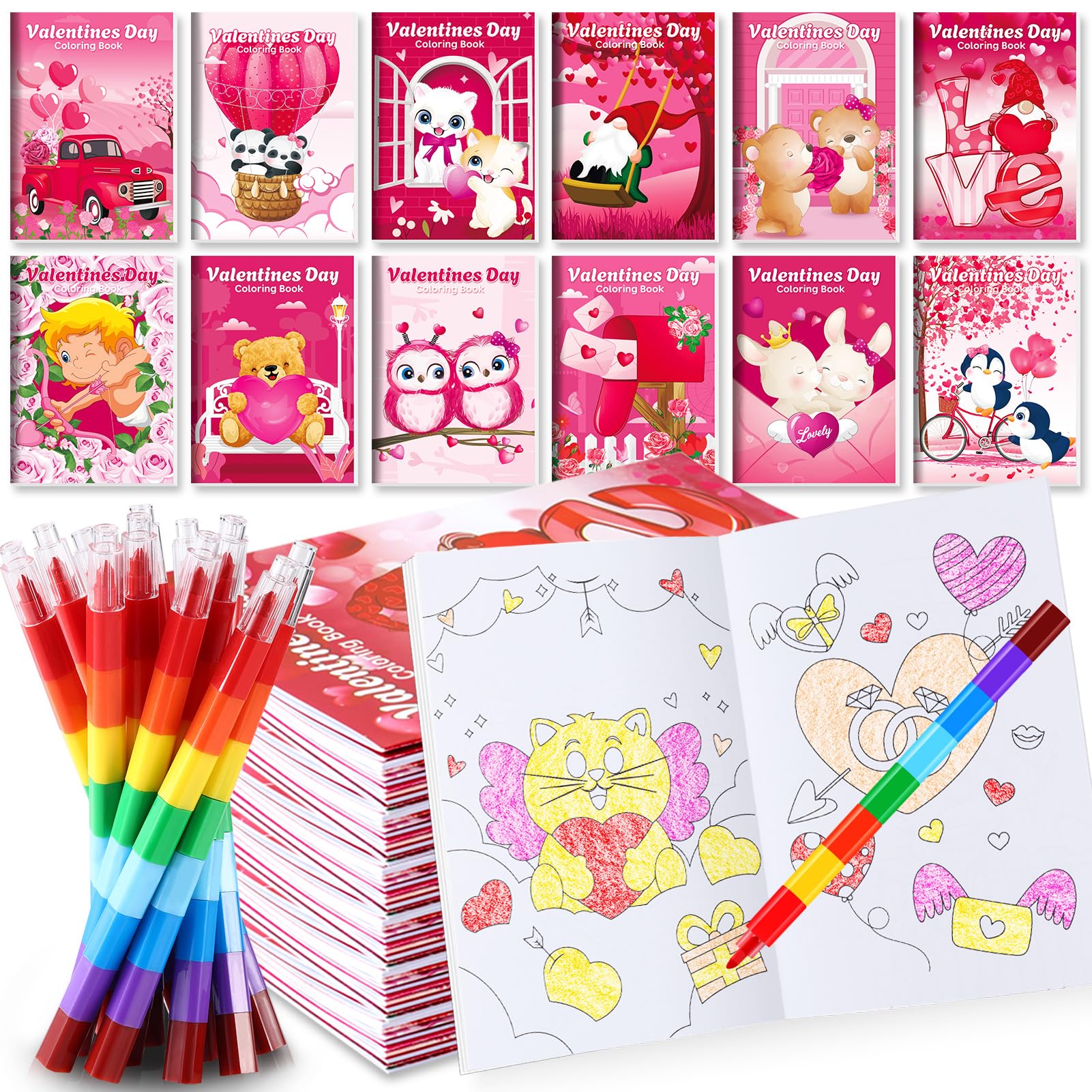 BenLouis 12 Valentines Day Mini Coloring Books Kids with 12 Stacking Crayons Valentines Day Party Favors Small Activity Books B