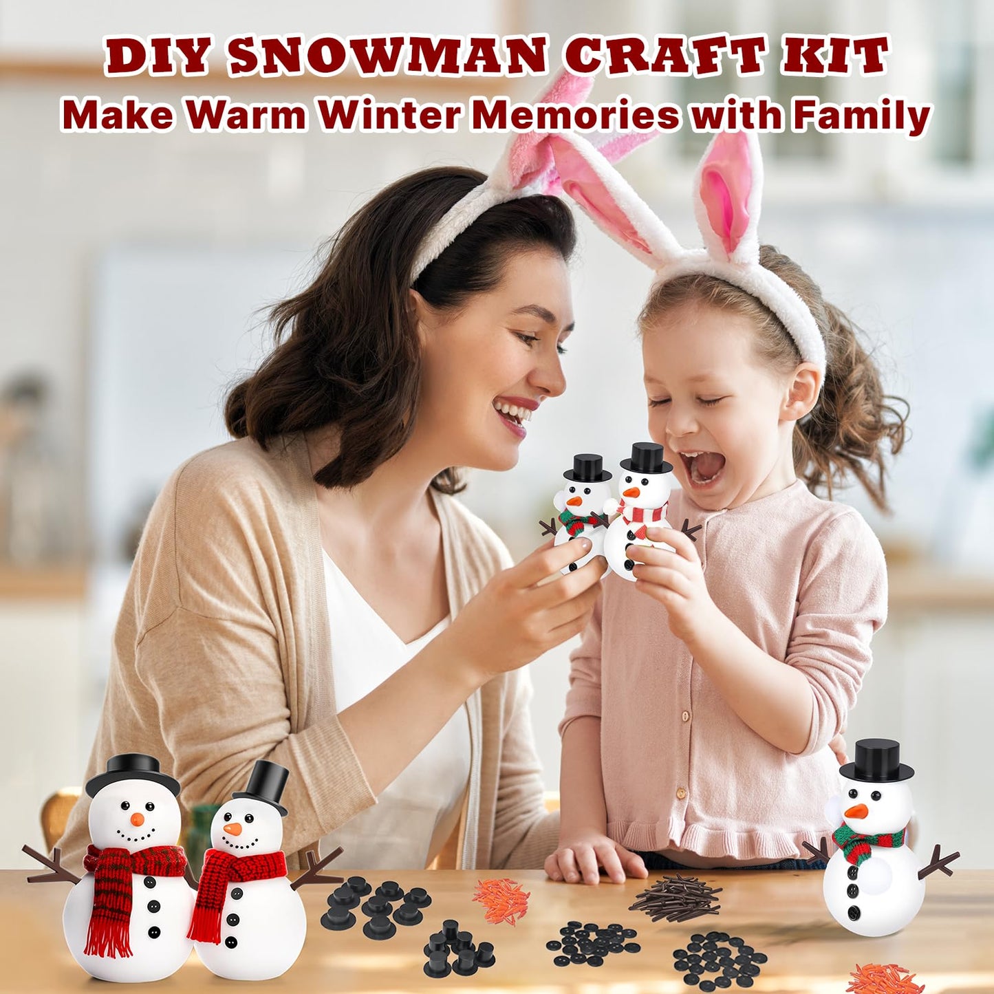 Outivity 300 Pcs Snowman Crafts DIY Kits for Winter Kids Holiday Party Decor Gift,Includes 30 Mini Black Top Hats,180 Snowman Cr
