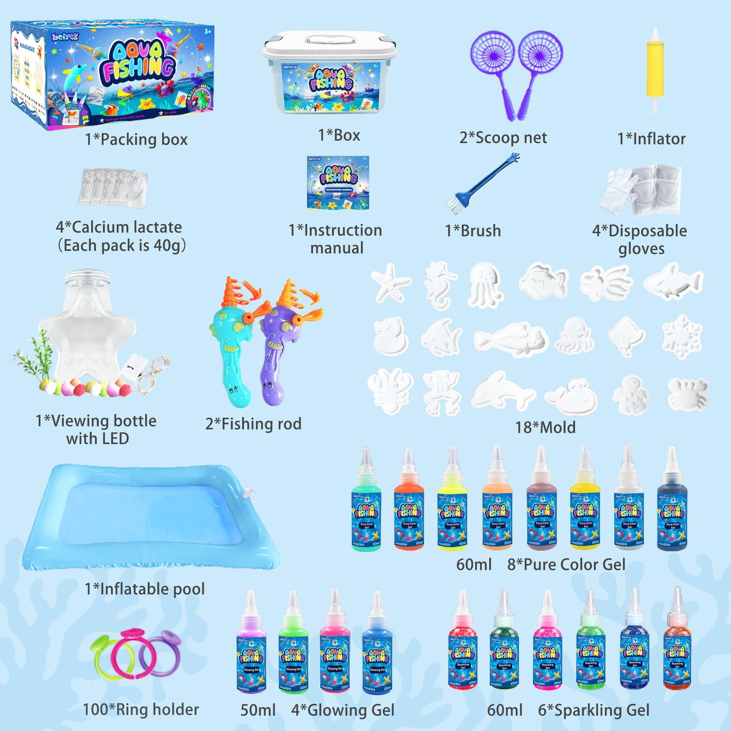 BEIREG Aqua Water Fairy Gel Kit, Magic Squishy Elf Water Toy Kit with 18 Color Gel, 18 Shape Molds, 2 Fishing Toy, Create Squish