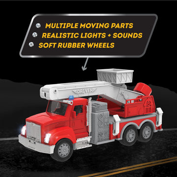 Driven by Battat - 4 Toy Truck Set - 7.5'' Garbage Truck, 9'' Fire Truck, 7.5'' Tow Truck, 7'' Log Truck - Lights & Sounds - Gif